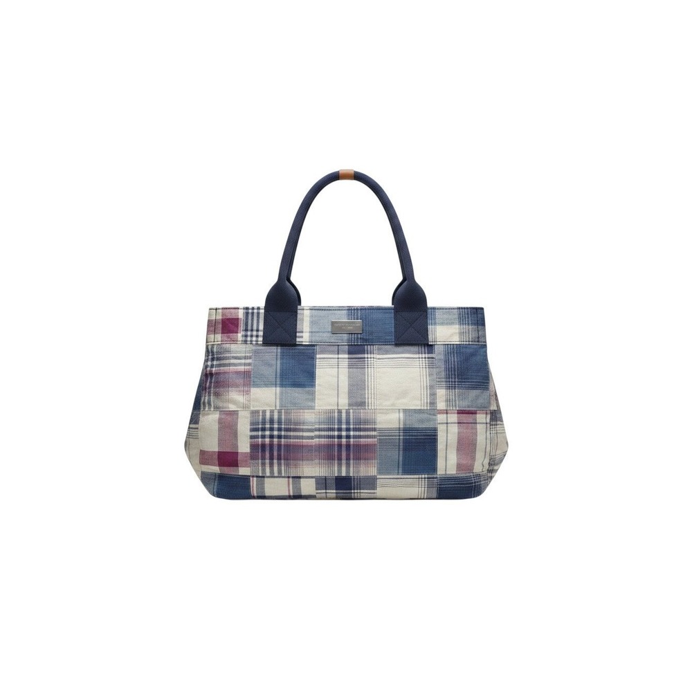 Tommy Hilfiger Tote Bag Womens Large Blue Plaid Excellent Patchwork Canvas Pouch